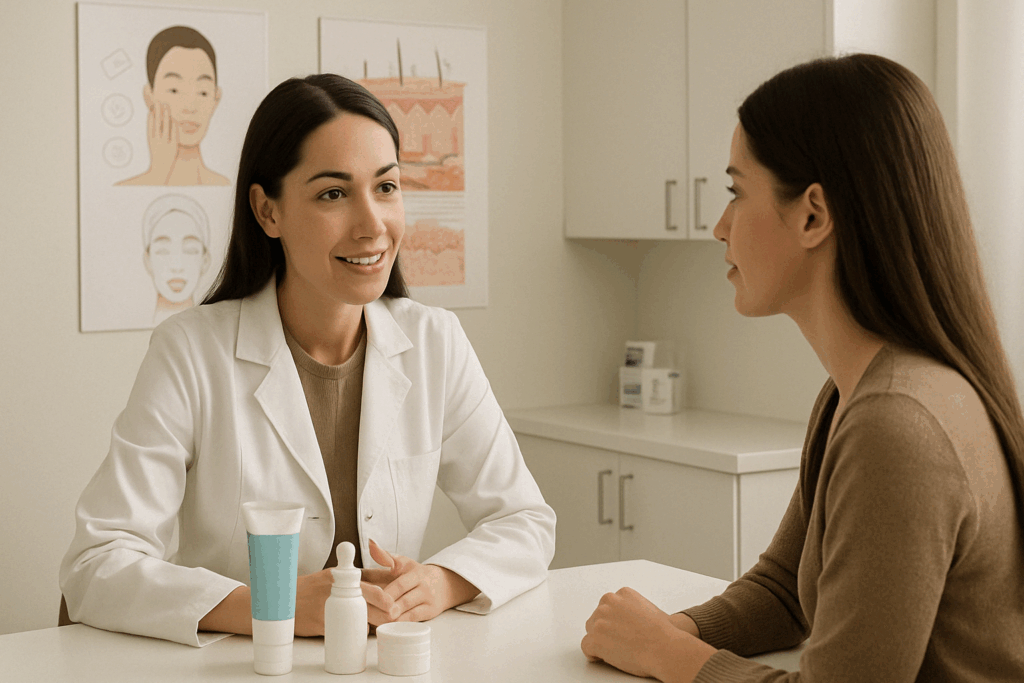 Dermatologist discussing retinol for blackheads with a patient in a clinical office, with skincare products and skin anatomy charts in the background.