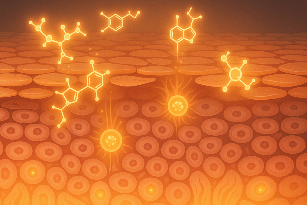 Scientific illustration showing retinol for blackheads penetrating skin layers and activating cell turnover at the dermal level.