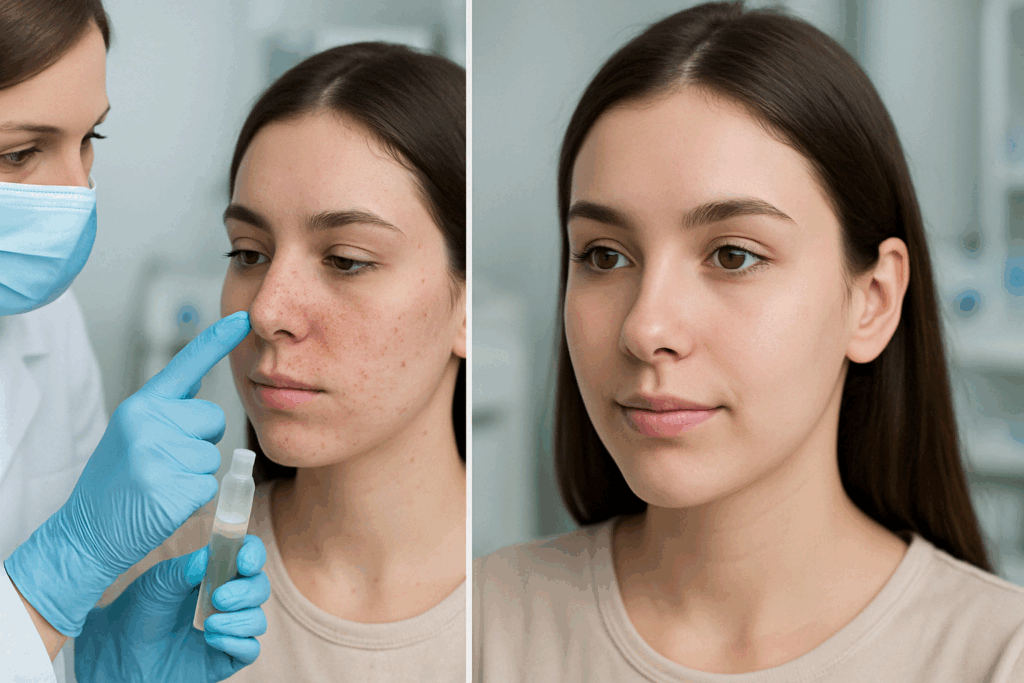 Dermatologist applying retinol for blackheads to a young woman’s nose in a clinical setting, alongside her visibly clearer skin after treatment.