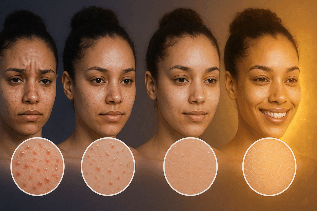 Week-by-week infographic showing facial skin improvement with retinol for blackheads, from irritation to clear, glowing complexion