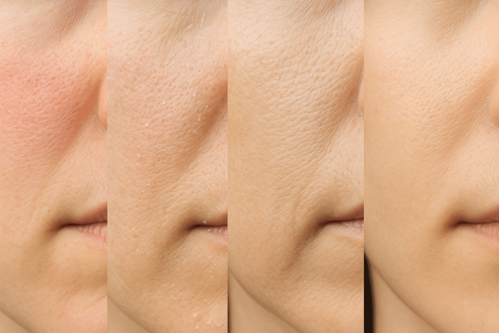 Side-by-side facial skin close-ups showing redness, flaking, dryness, and clear results from using retinol for blackheads