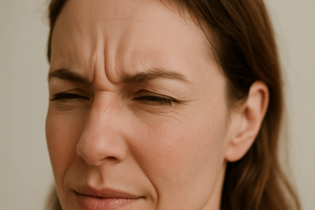 Mid-transition facial expression showing fast dynamic facial wrinkles forming on the forehead, brow, and eye corners under natural light.