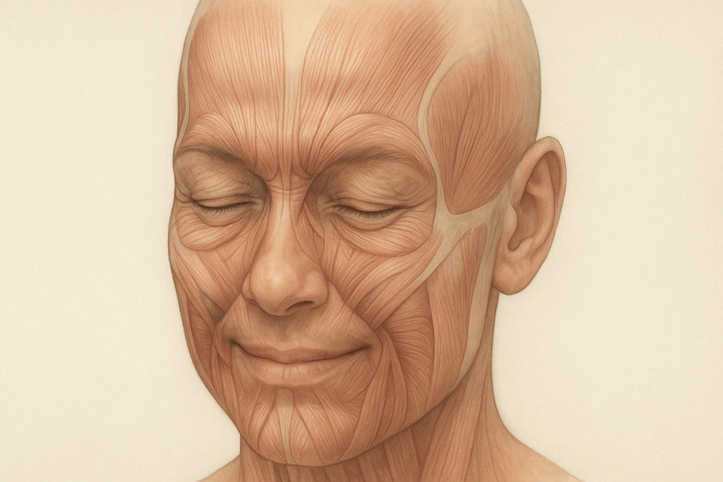 Anatomical illustration of facial muscles under semi-transparent skin, showing fast dynamic facial wrinkles forming around the eyes, forehead, and mouth during subtle expression.