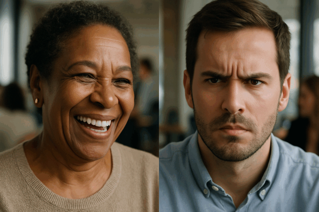 Two individuals in a social setting displaying fast dynamic facial wrinkles—one with smile lines during laughter, the other with furrowed brows showing tension.