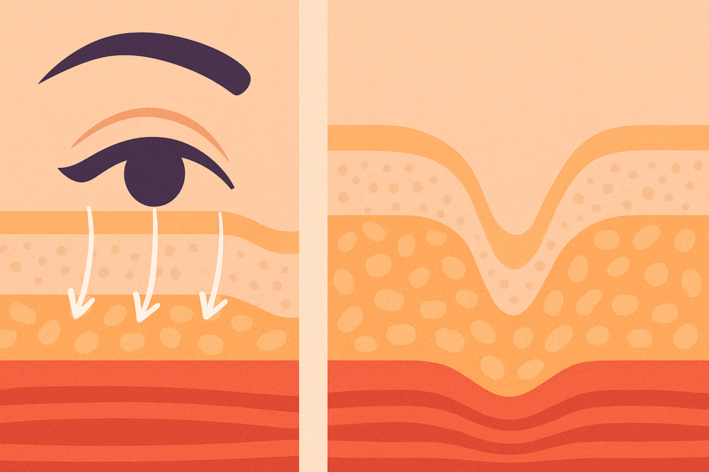 Abstract side-by-side skin diagram showing collagen breakdown in eye and cheek areas, visualizing fast dynamic facial wrinkles