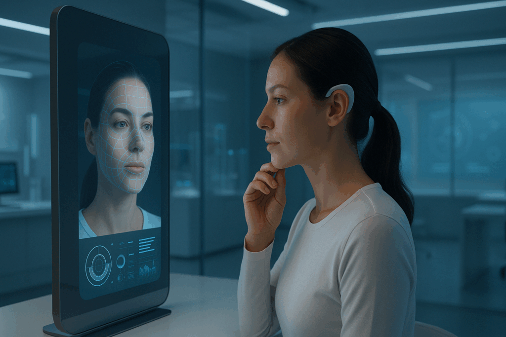 Woman using futuristic skin analysis mirror in a tech lab to track fast dynamic facial wrinkles with real-time biofeedback
