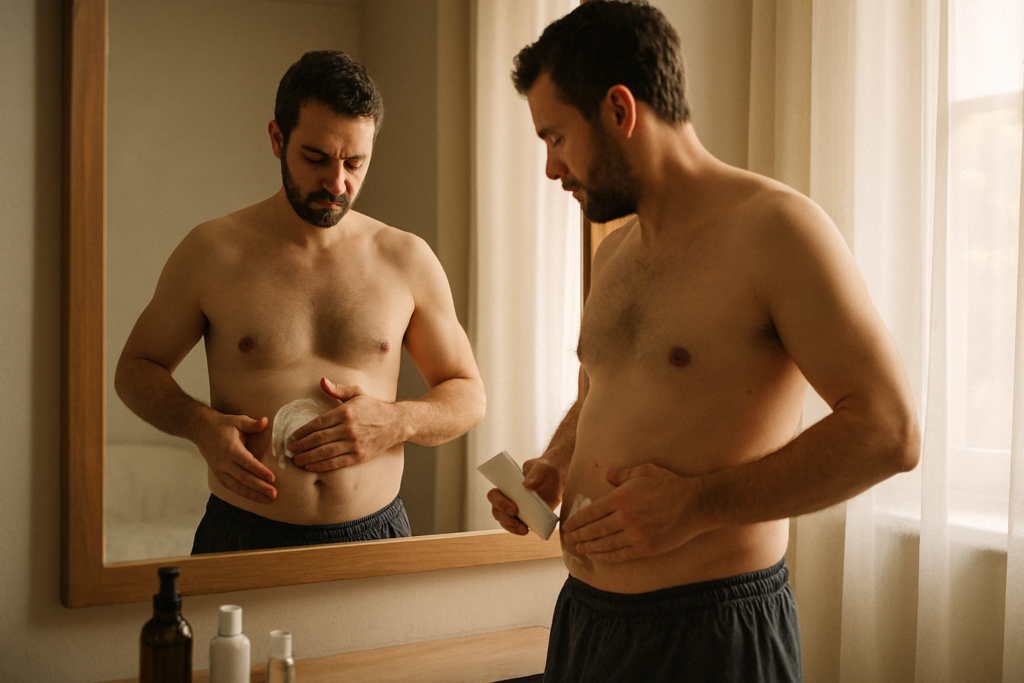 Man applying particle ab firming cream for men to his stomach in front of mirror during a morning skincare routine.