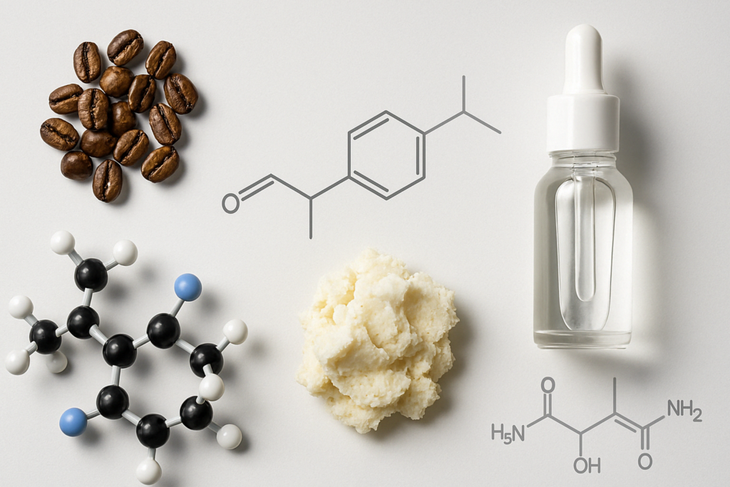 Flat lay of skincare ingredients used in particle ab firming cream for men, including caffeine beans, retinol molecules, peptides, shea butter, and serum