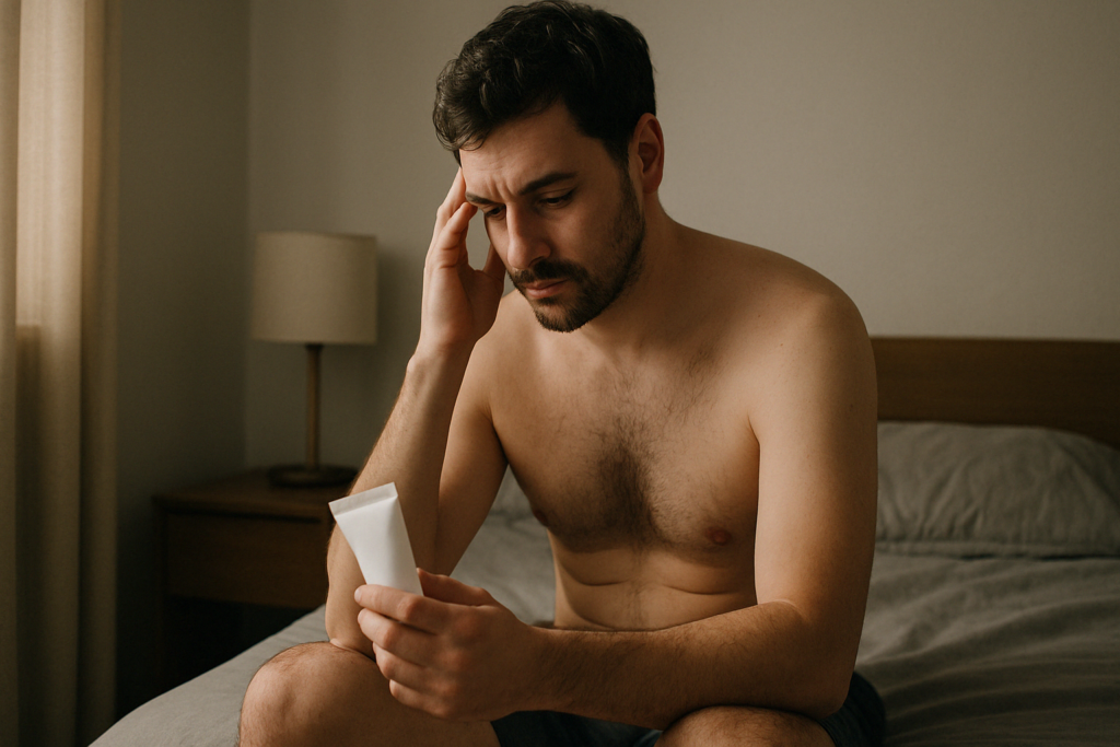 Shirtless man sitting on edge of bed in soft morning light, thoughtfully holding particle ab firming cream for men in hand