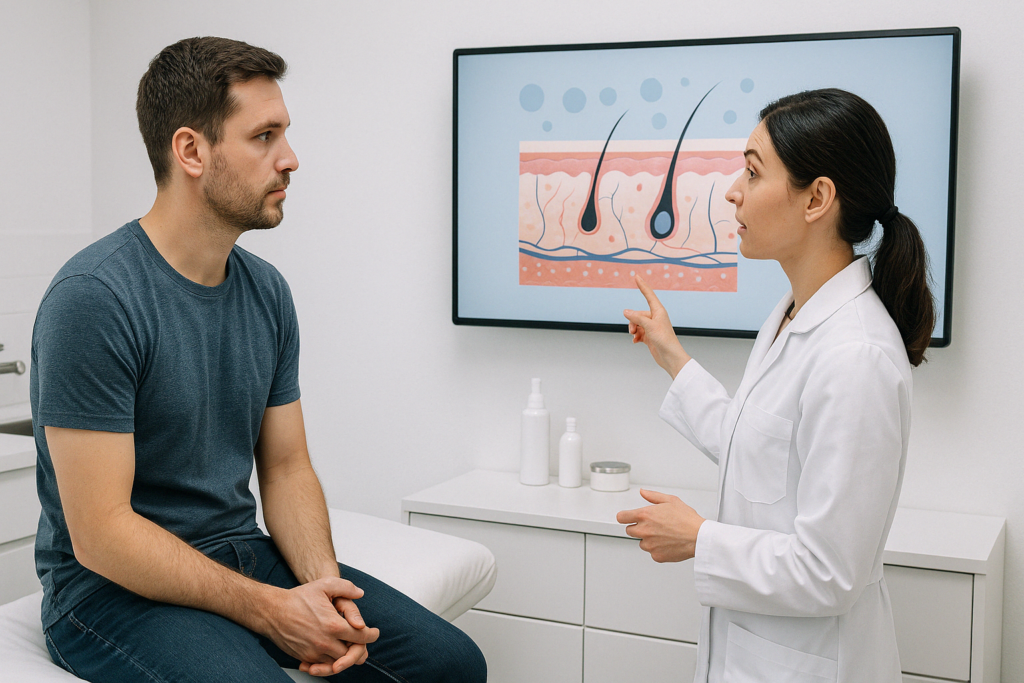 Dermatologist showing skin analysis to a male patient during a clinical consultation about particle ab firming cream for men.