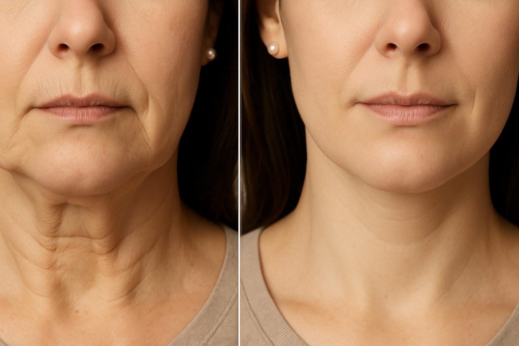 Before and after comparison of a woman’s lower face and neck showing visible skin tightening and firming results from facial laser treatment.