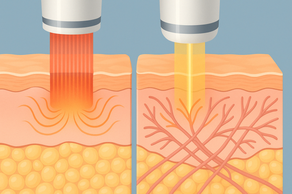 Cross-sectional diagram showing facial laser treatment with ablative and non-ablative lasers targeting skin layers and stimulating collagen.