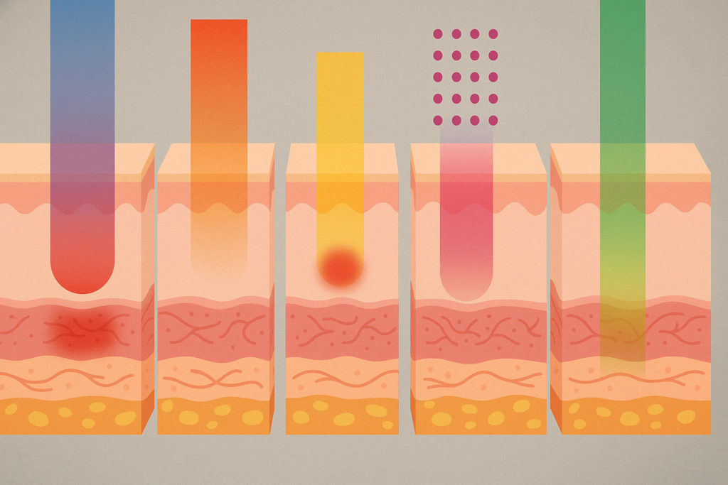 Infographic comparing five types of facial laser treatment with color-coded beams showing different skin penetration depths and healing effects