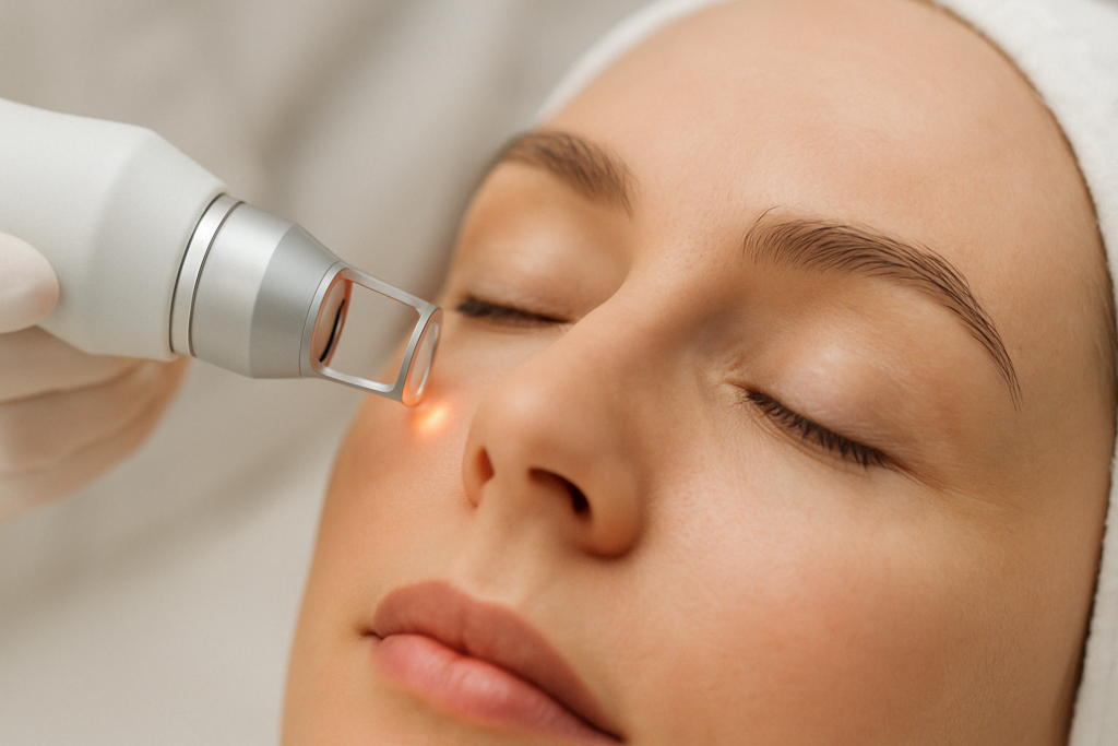 Facial laser treatment being applied to a woman's under-eye area with a precision device in a clinical spa setting