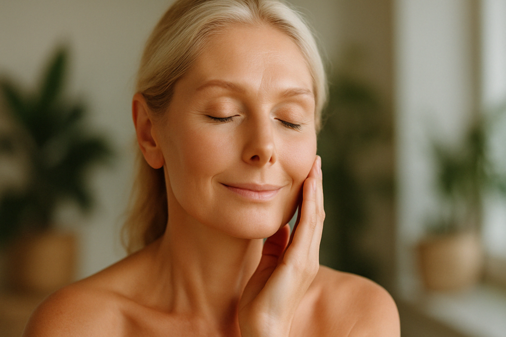Confident middle-aged woman with radiant, makeup-free skin gently touching her cheek, reflecting positive results of facial laser treatment in natural daylight.