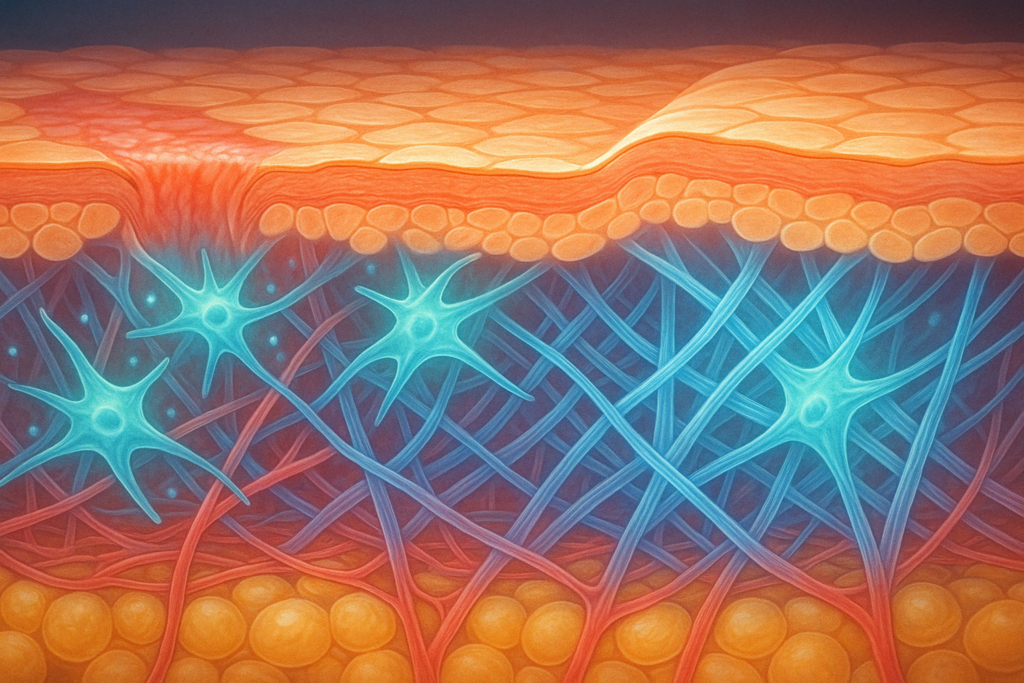 Biological skin regeneration after facial laser treatment showing activated fibroblasts, new collagen fibers, and dermal layer renewal.