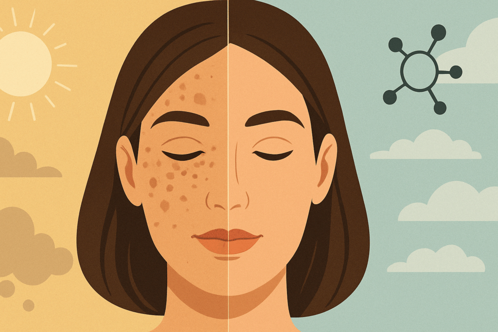 Split-screen illustration showing sun-damaged skin with age spots and youthful skin tone, symbolizing causes addressed by laser treatment for age spots