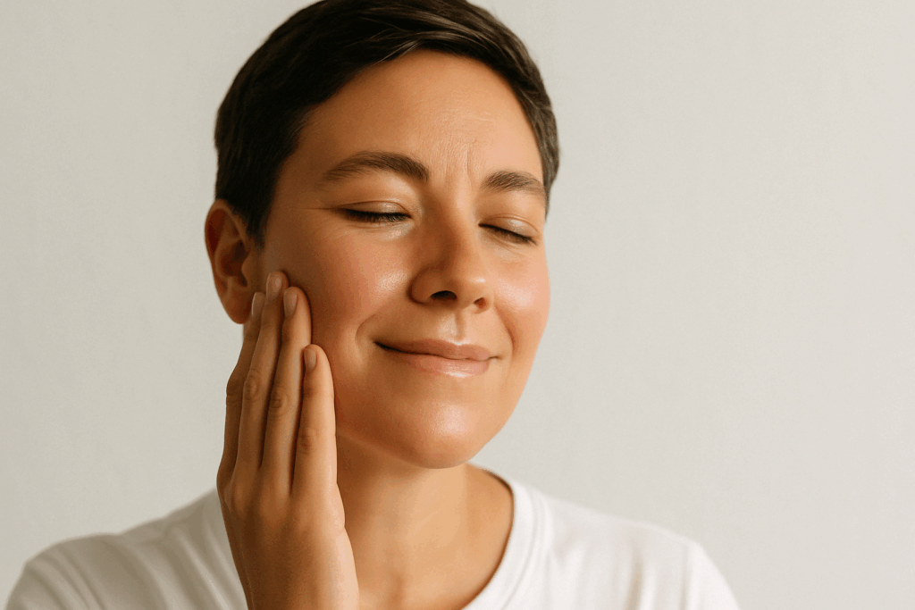 Confident person gently touching smooth, glowing cheek after laser treatment for age spots, with soft lighting and a serene expression.