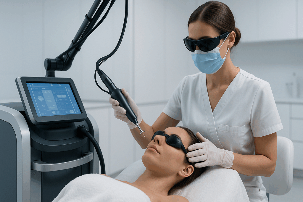 Dermatologist using advanced laser device on a patient’s face during a laser treatment for age spots in a modern clinic.