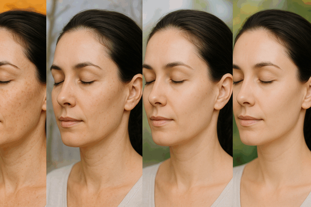 Progressive facial results showing skin improvement after laser treatment for age spots across four seasons