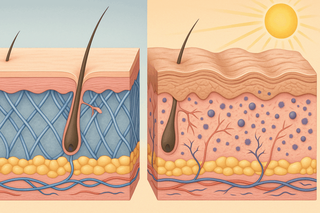 Cross-sectional comparison of youthful and aged forehead skin showing collagen structure and sun damage, related to laser treatment for forehead wrinkles.
