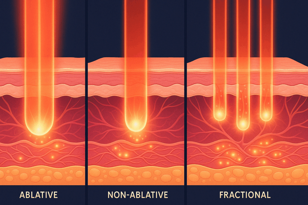 Medical illustration comparing ablative, non-ablative, and fractional laser treatment for forehead wrinkles through skin layer cross-sections