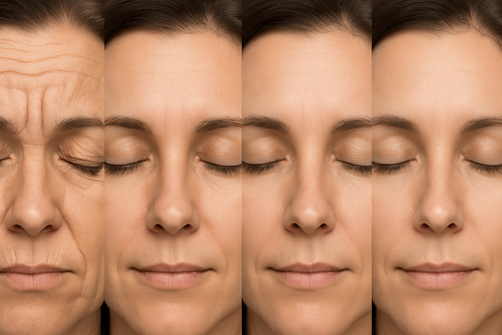 Close-up time-lapse showing natural skin improvements from laser treatment for forehead wrinkles.