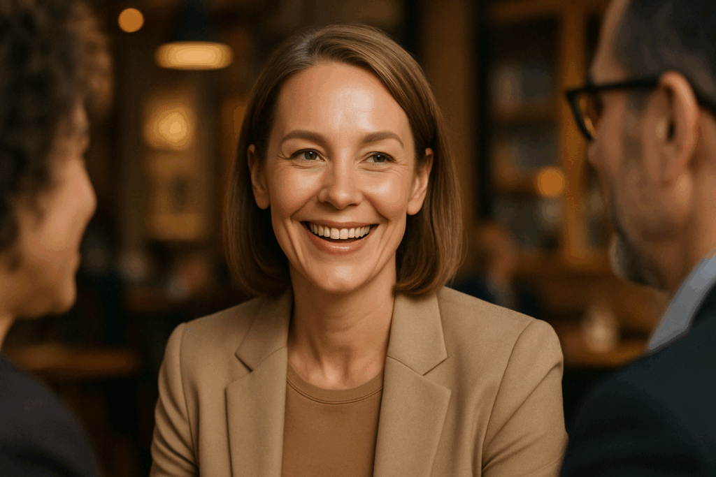 Middle-aged woman smiling confidently in a social setting after laser treatment for forehead wrinkles