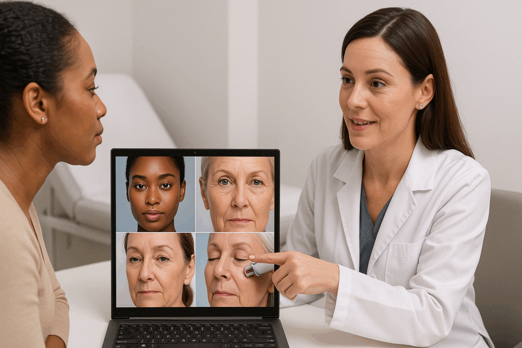 Dermatologist consulting with patient while reviewing digital skin analysis for personalized laser treatment for forehead wrinkles.