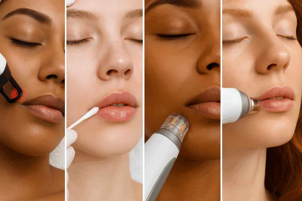 Four diverse women receiving advanced lip resurfacing treatments including fractional CO2 laser, chemical peel, radiofrequency microneedling, and erbium laser around the mouth area