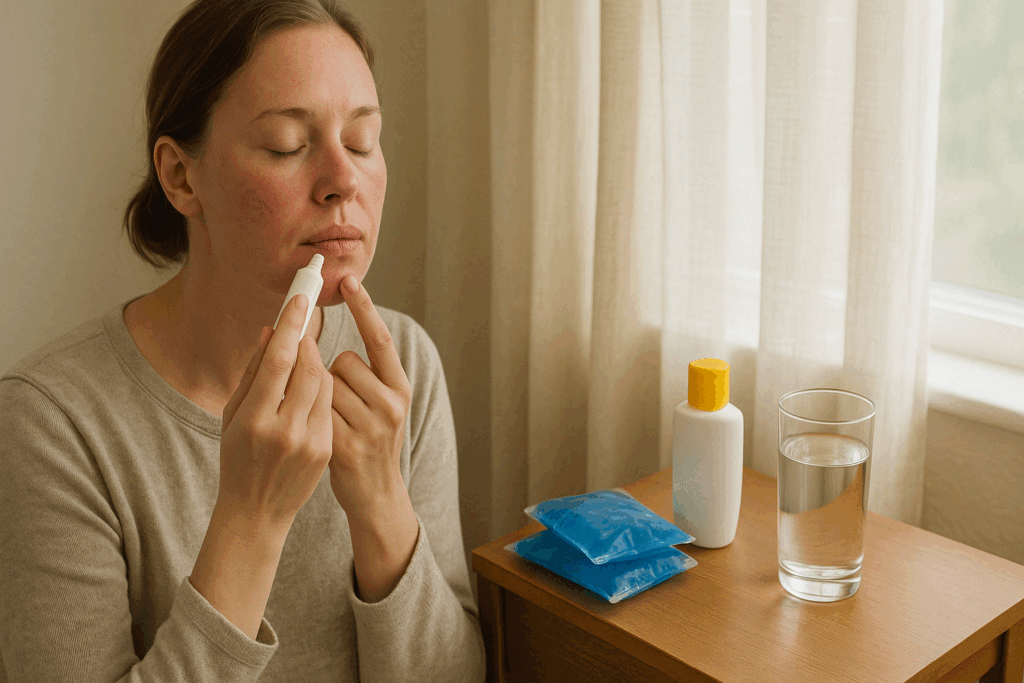 Woman applying healing ointment after lip resurfacing near window with recovery items like ice packs and sunscreen