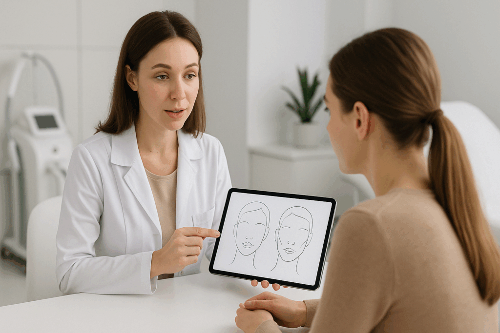 Dermatologist showing a patient face diagrams on a tablet in a modern clinic during a consultation about lip resurfacing and other facial rejuvenation treatments.