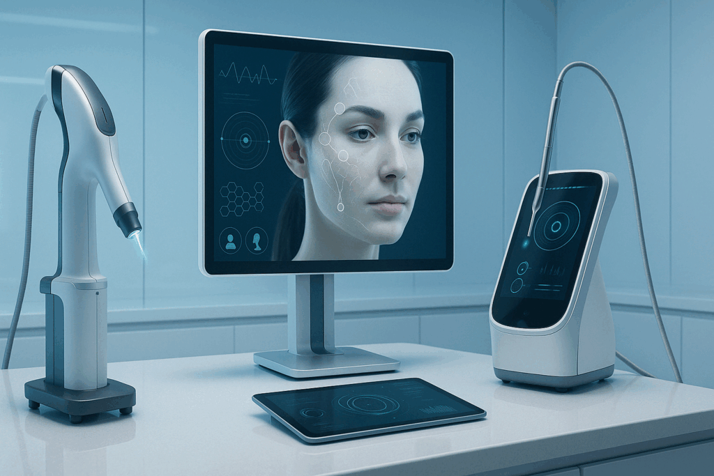 Futuristic dermatology room with AI tools and advanced devices used for lip resurfacing procedures