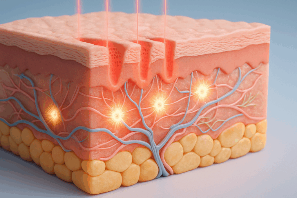 3D cross-section of skin showing how lip resurfacing triggers collagen and elastin production through dermal remodeling