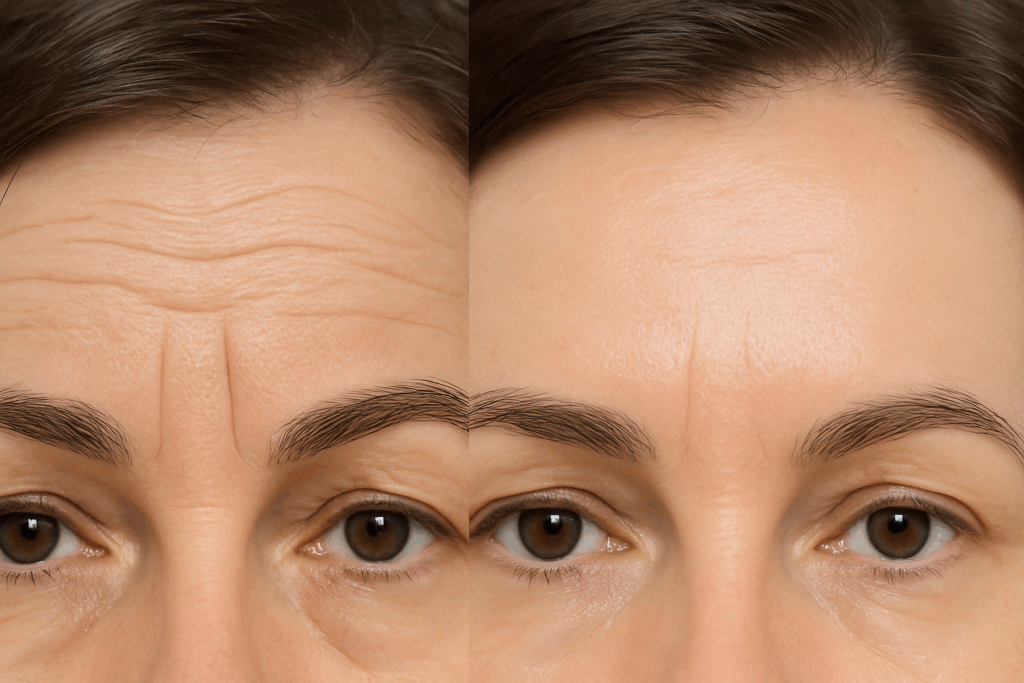 Side-by-side comparison of a forehead before and after retinol treatment, showing reduced wrinkles and smoother skin to illustrate how long does retinol take to work