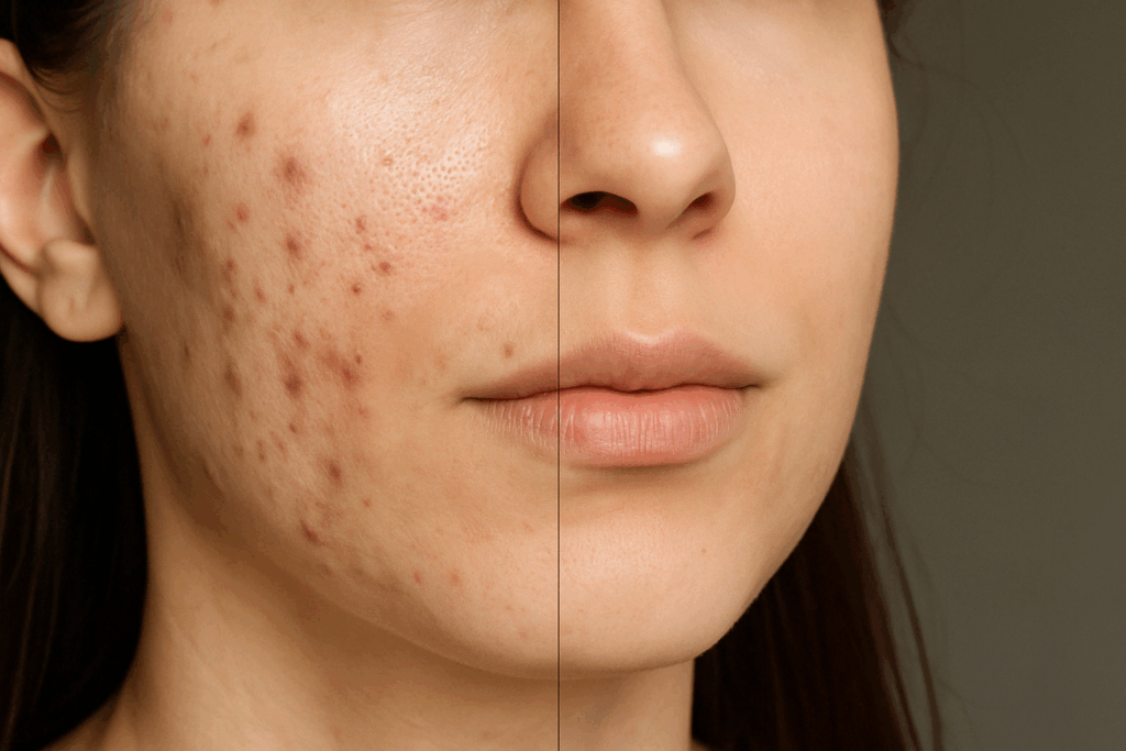 Close-up of a woman's face showing acne and pigmentation on one side and clearer, more even skin on the other, illustrating how long does retinol take to work.