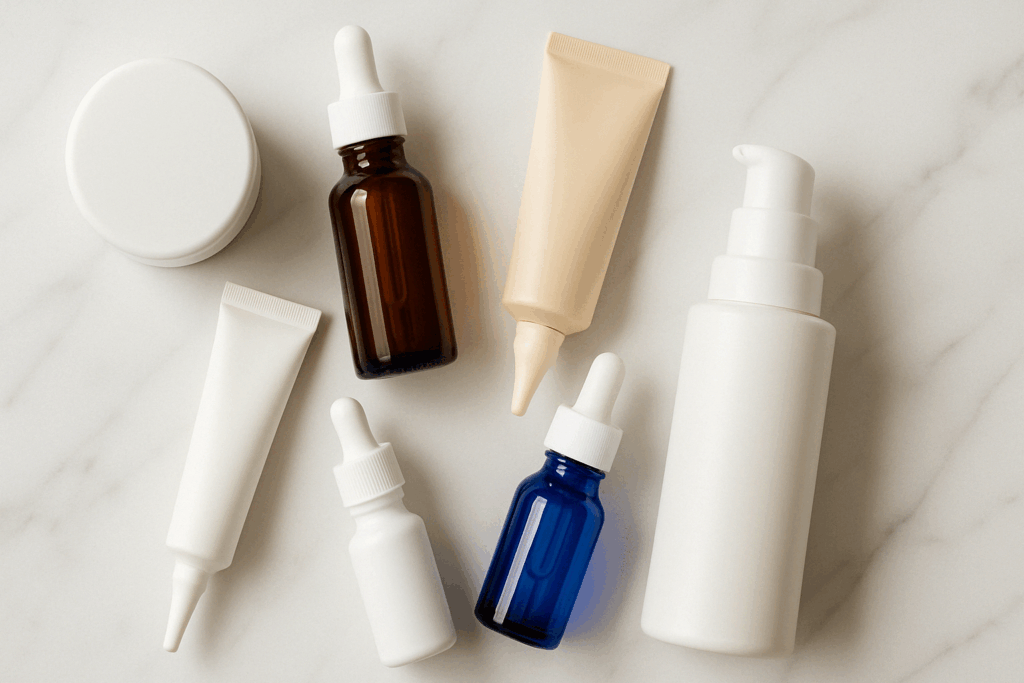 Flat-lay of retinol products in dropper bottles, tubes, and pump containers on a marble surface, illustrating different formulations for users wondering how long does retinol take to work.