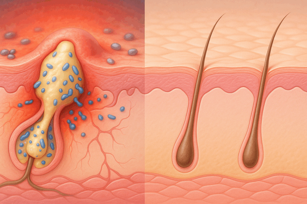 Cross-sectional medical illustration showing acne-prone skin with inflammation and clogged pores before and after treatment with retinoid creams for acne.