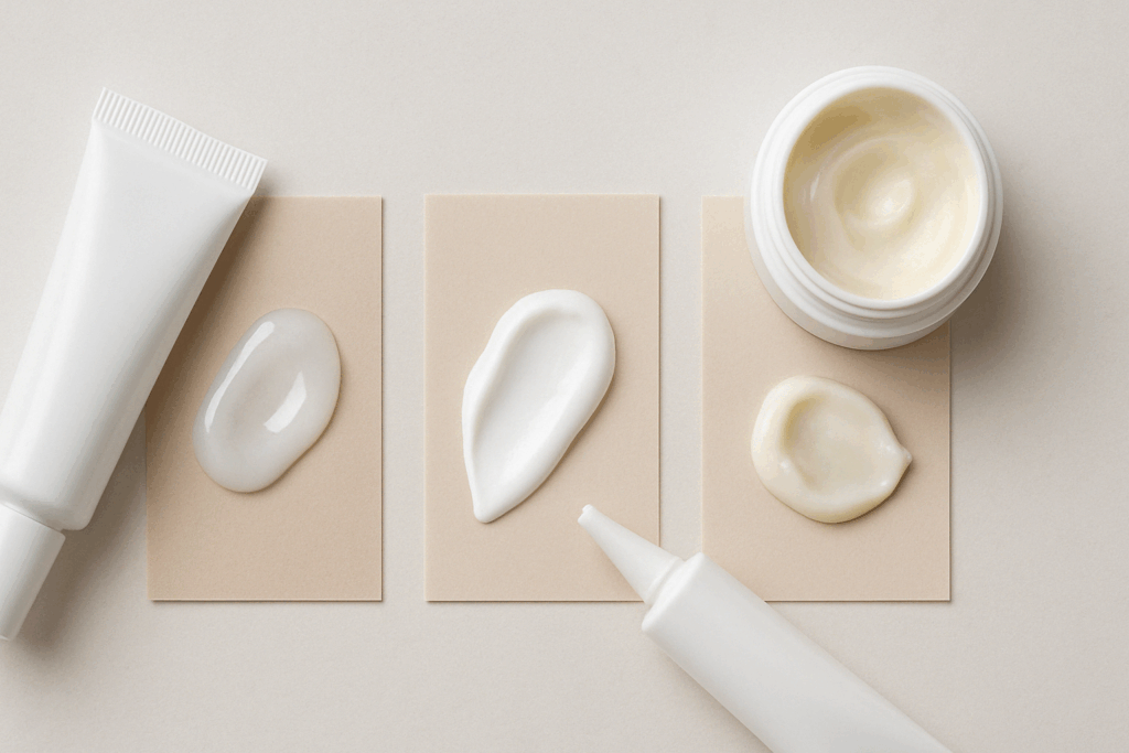 Flat lay of three retinoid creams for acne in gel, cream, and ointment textures applied on neutral swatches next to minimalist tubes and jars