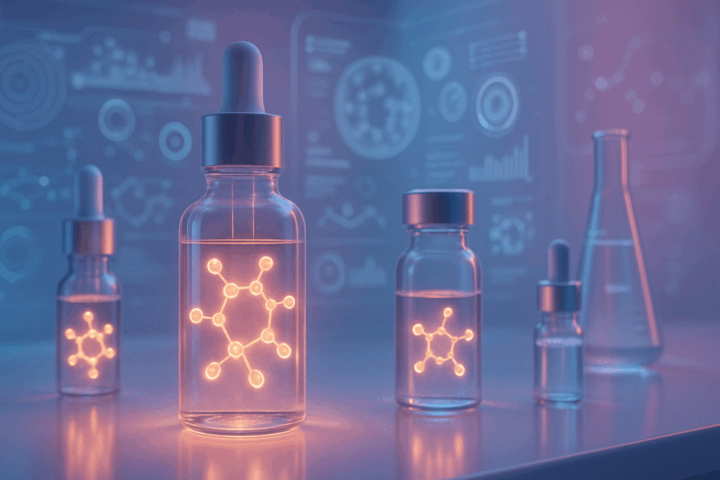 Futuristic lab with glowing molecules in glass vials and holographic data, illustrating innovations in retinoid creams for acne.