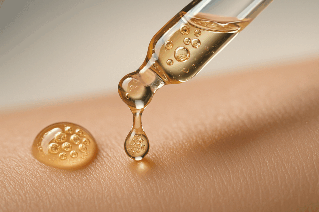 Golden retinol face serum droplet suspended from a glass dropper above smooth, glowing skin, highlighting skincare purity and precision.