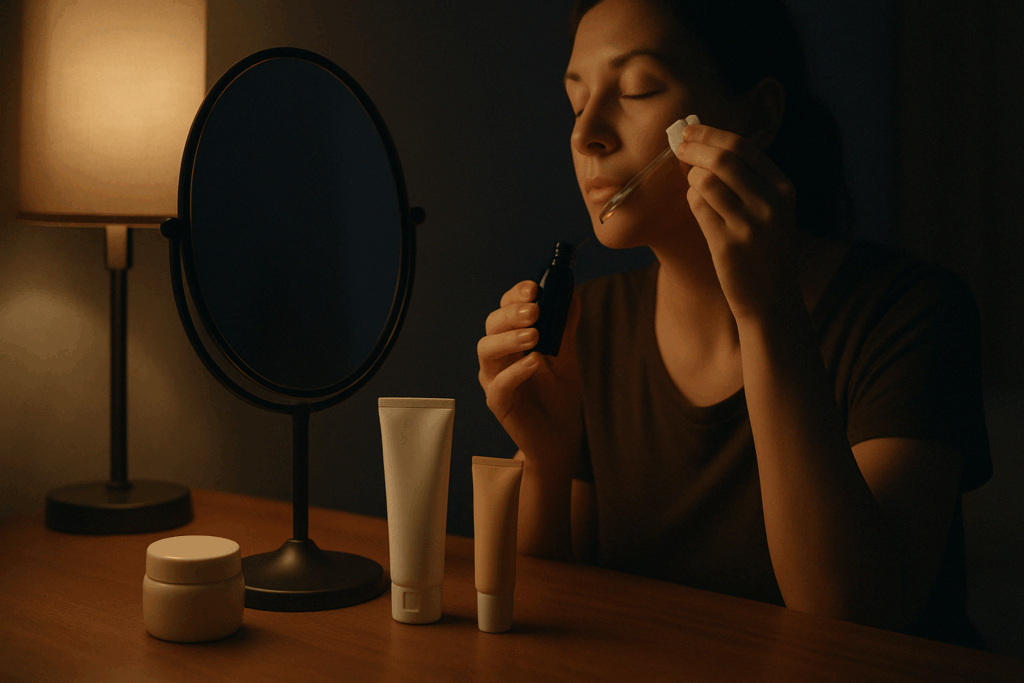 Woman applying retinol face serum at a vanity mirror at night, with skincare products like cleanser, moisturizer, and sunscreen neatly arranged nearby.