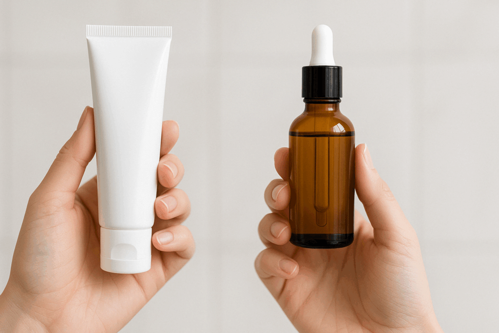 Hand holding a retinol face serum dropper bottle next to a prescription-style skincare tube against a neutral clinical background