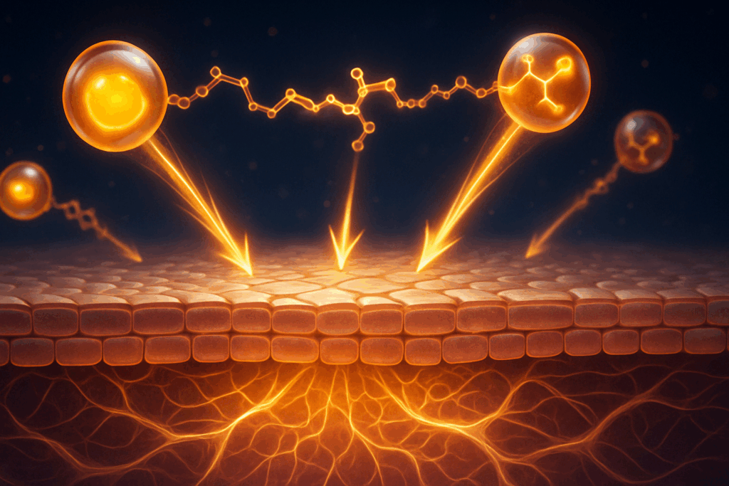 Retinol molecules interacting with skin cells to enhance collagen and cell turnover, illustrating the impact of retinol and pores at the cellular level.
