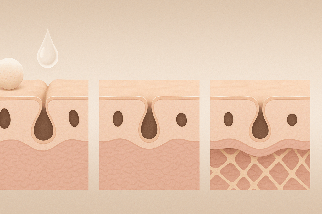 Side-by-side skin cross-sections comparing astringents, scrubs, and retinol and pores, highlighting retinol's deeper collagen-boosting effect