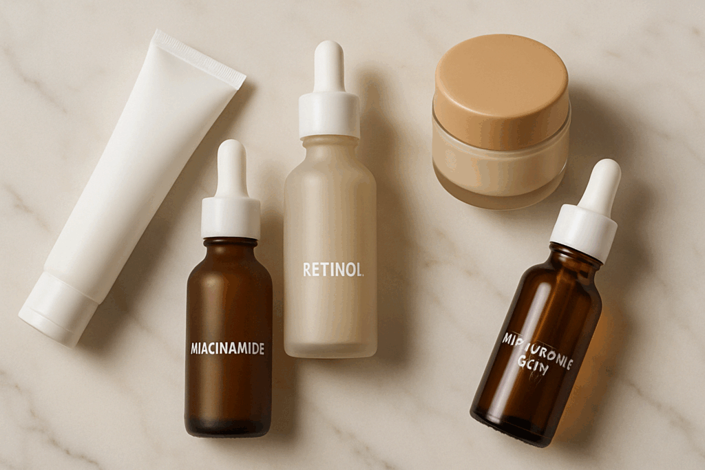 Flat-lay of retinol skincare products and serums with niacinamide and hyaluronic acid, highlighting solutions for retinol and pores on a marble surface.