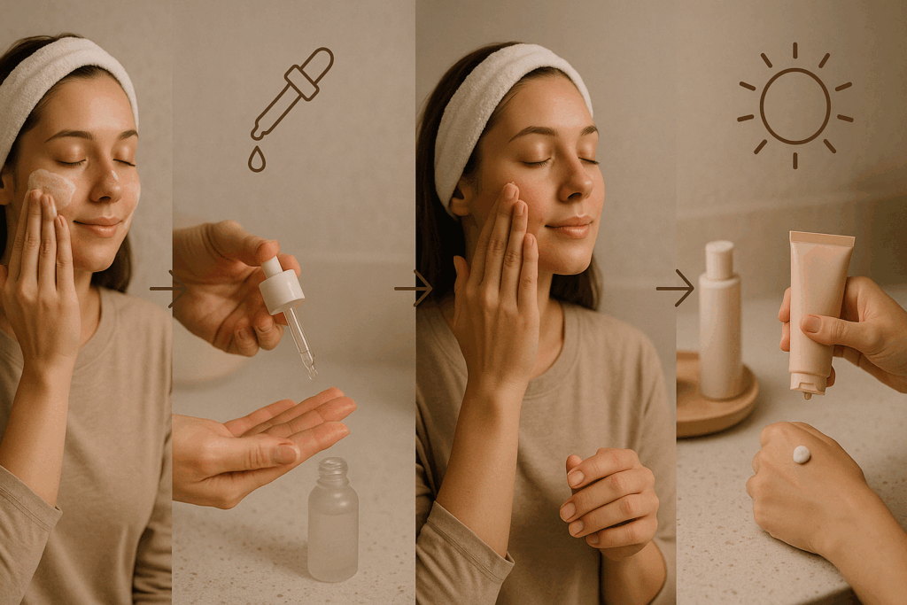 Nighttime skincare routine showing cleansing, applying retinol and moisturizer, and using sunscreen to improve retinol and pores treatment results