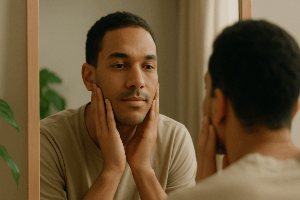 Young man with clear skin thoughtfully examining his reflection in a mirror, representing the benefits of retinol and pores refinement.
