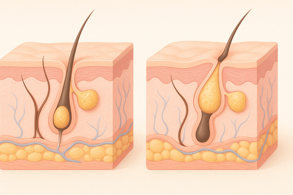 Medical-style diagram showing a cross-section of facial skin comparing normal pores to enlarged pores caused by clogged sebum, sun damage, and collagen loss—relevant to how retinol and pores interact in skin care.