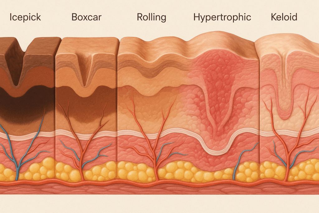 Cross-sectional illustration showing how retinol helps with acne scars by depicting different scar types and skin layers affected by damage and healing